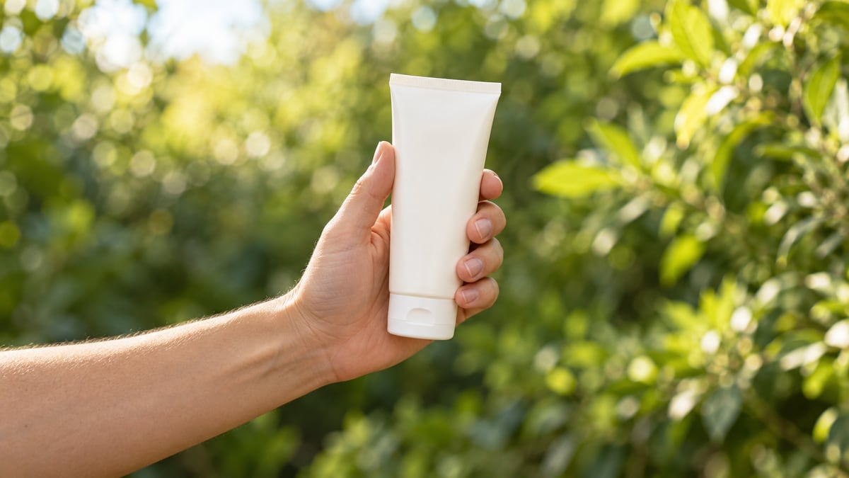 Hand holding a blank white sunscreen tube against a blurred green background